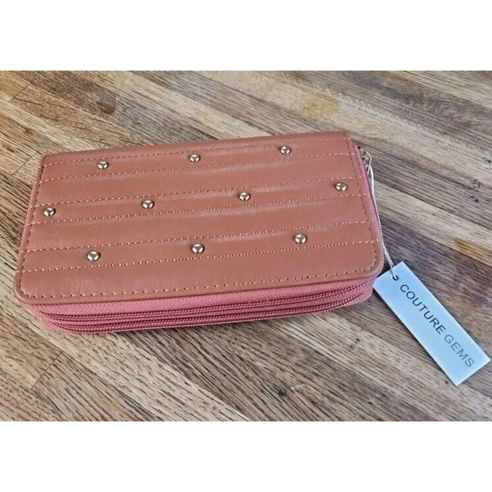 NWT Gold Stud Tan Leather Dbl Zip Around Wallet 10 Card Holder 8x5 Couture Gems